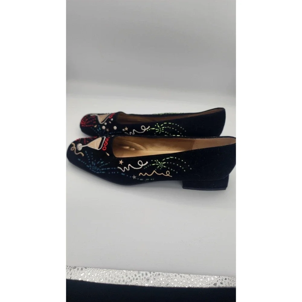 Nina Black Velvet New Years 2000 Martini Beaded Loafers Flats Leather Sole 8.5